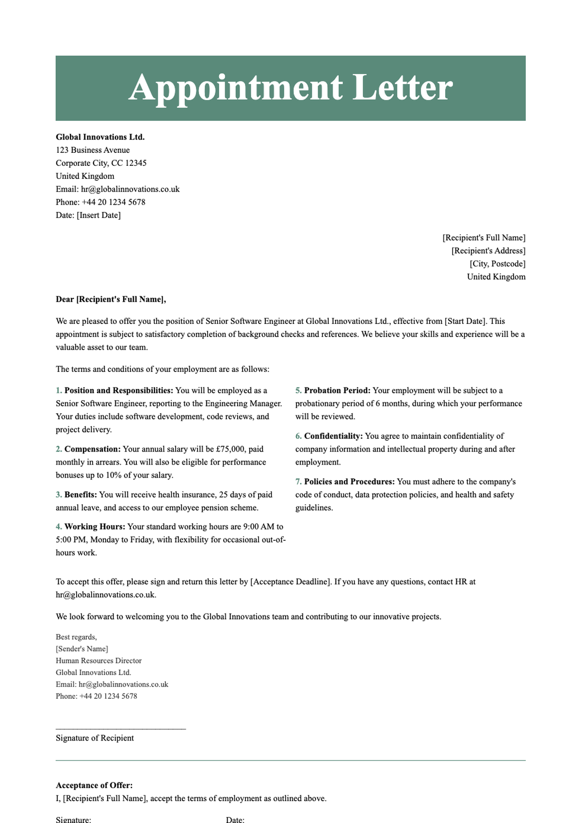 Professional appointment letter template with green header and placeholder fields_variant_3